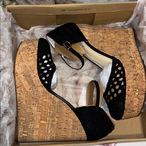 JESSICA SIMPSON Womens Black 2 Cork Wedge Woven Cut Out Marshela Round Toe sz 9 - Picture 3 of 14